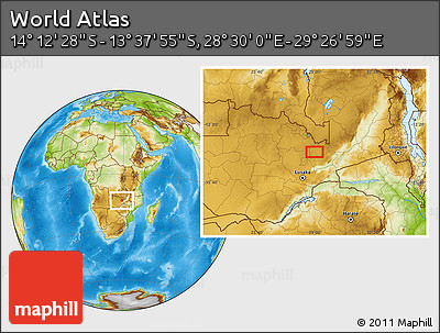 Physical Location Map of the Area around 13° 55' 11" S, 28° 58' 30" E