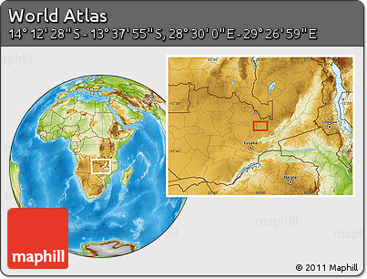 Physical Location Map of the Area around 13° 55' 11" S, 28° 58' 30" E
