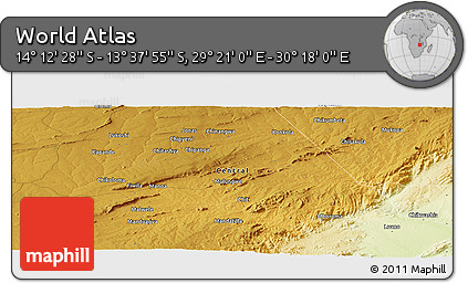 Physical Panoramic Map of the Area around 13° 55' 11" S, 29° 49' 30" E