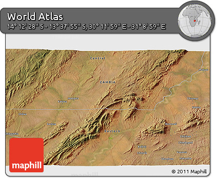 Satellite 3D Map of the Area around 13° 55' 11" S, 30° 40' 29" E