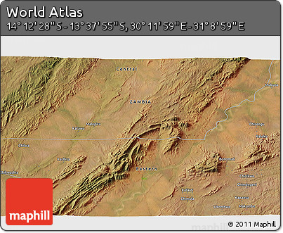 Satellite 3D Map of the Area around 13° 55' 11" S, 30° 40' 29" E