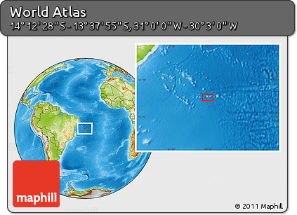 Physical Location Map of the Area around 13° 55' 11" S, 30° 31' 29" W