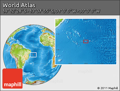 Physical Location Map of the Area around 13° 55' 11" S, 30° 31' 29" W