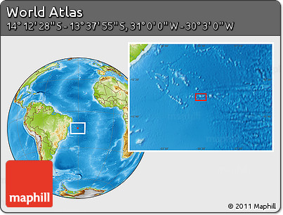 Physical Location Map of the Area around 13° 55' 11" S, 30° 31' 29" W