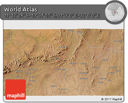 Satellite 3D Map of the Area around 13° 55' 11" S, 31° 31' 29" E