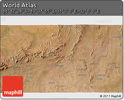 Satellite 3D Map of the Area around 13° 55' 11" S, 31° 31' 29" E