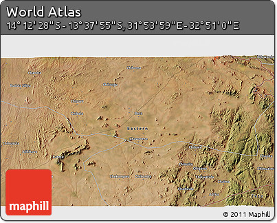 Satellite 3D Map of the Area around 13° 55' 11" S, 32° 22' 30" E