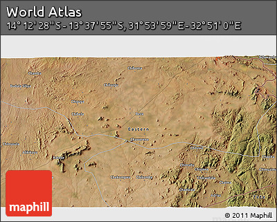 Satellite 3D Map of the Area around 13° 55' 11" S, 32° 22' 30" E