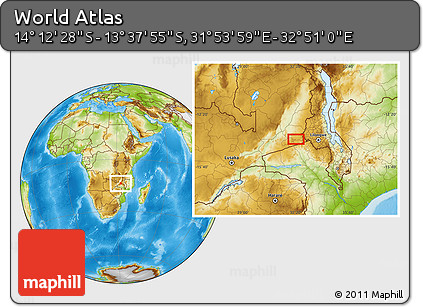 Physical Location Map of the Area around 13° 55' 11" S, 32° 22' 30" E
