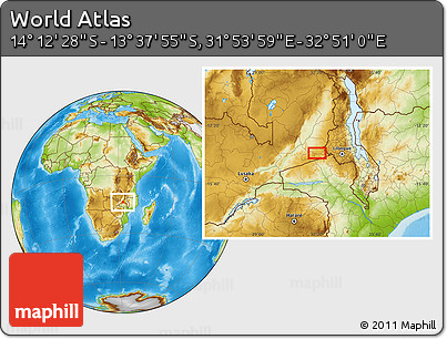 Physical Location Map of the Area around 13° 55' 11" S, 32° 22' 30" E