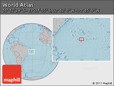 Gray Location Map of the Area around 13° 55' 11" S, 32° 13' 30" W, hill shading