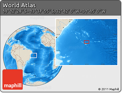 Shaded Relief Location Map of the Area around 13° 55' 11" S, 32° 13' 30" W
