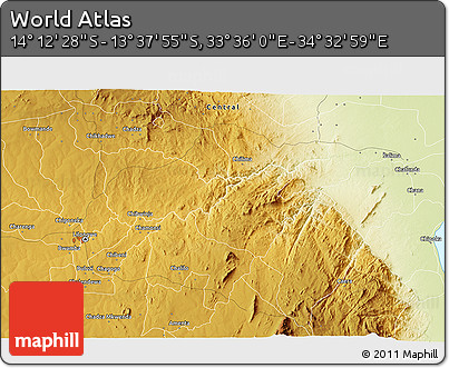Physical 3D Map of the Area around 13° 55' 11" S, 34° 4' 30" E