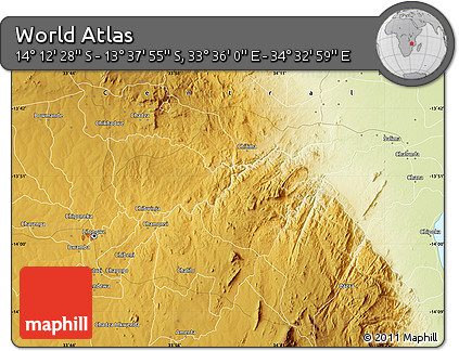 Physical Map of the Area around 13° 55' 11" S, 34° 4' 30" E