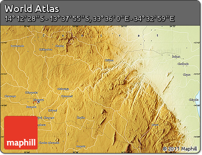Physical Map of the Area around 13° 55' 11" S, 34° 4' 30" E