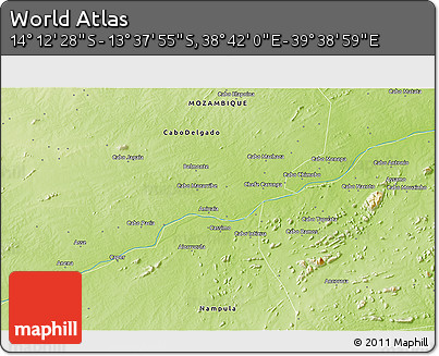 Physical 3D Map of the Area around 13° 55' 11" S, 39° 10' 29" E
