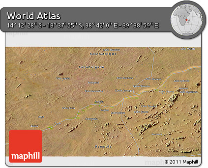 Satellite 3D Map of the Area around 13° 55' 11" S, 39° 10' 29" E