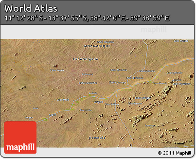 Satellite 3D Map of the Area around 13° 55' 11" S, 39° 10' 29" E