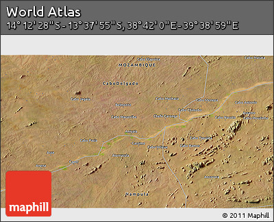 Satellite 3D Map of the Area around 13° 55' 11" S, 39° 10' 29" E