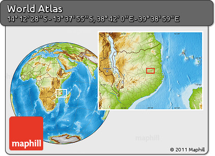 Physical Location Map of the Area around 13° 55' 11" S, 39° 10' 29" E