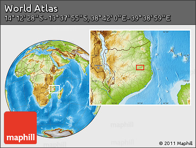 Physical Location Map of the Area around 13° 55' 11" S, 39° 10' 29" E
