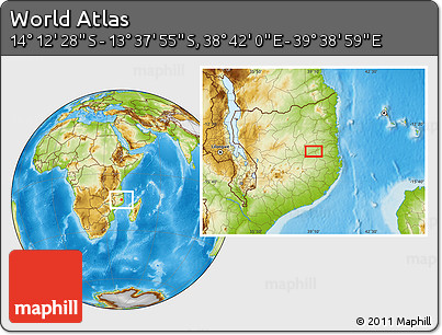 Physical Location Map of the Area around 13° 55' 11" S, 39° 10' 29" E