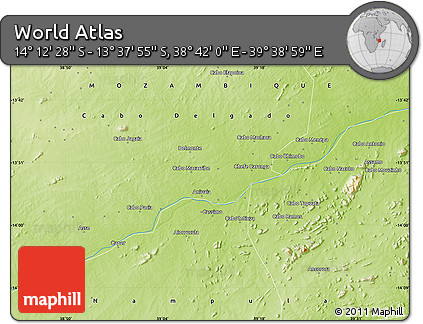 Physical Map of the Area around 13° 55' 11" S, 39° 10' 29" E