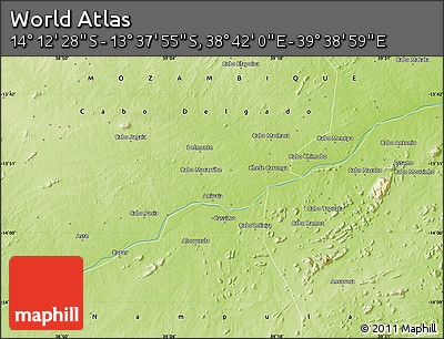 Physical Map of the Area around 13° 55' 11" S, 39° 10' 29" E