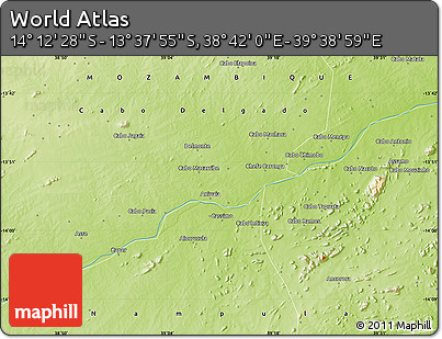 Physical Map of the Area around 13° 55' 11" S, 39° 10' 29" E