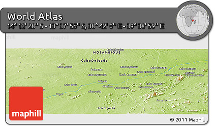 Physical Panoramic Map of the Area around 13° 55' 11" S, 39° 10' 29" E