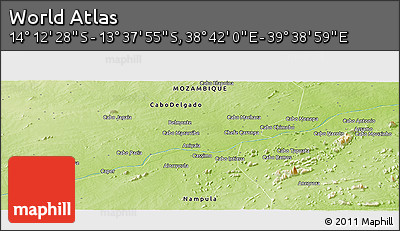 Physical Panoramic Map of the Area around 13° 55' 11" S, 39° 10' 29" E