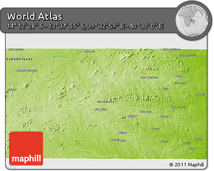 Physical 3D Map of the Area around 13° 55' 11" S, 40° 1' 29" E