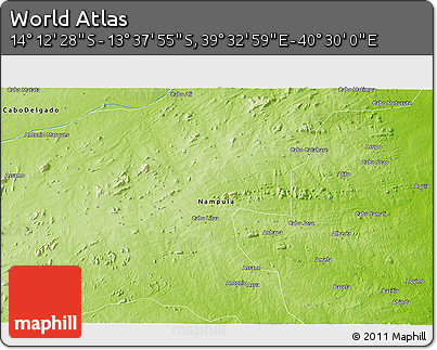 Physical 3D Map of the Area around 13° 55' 11" S, 40° 1' 29" E