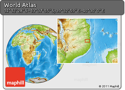 Physical Location Map of the Area around 13° 55' 11" S, 40° 1' 29" E