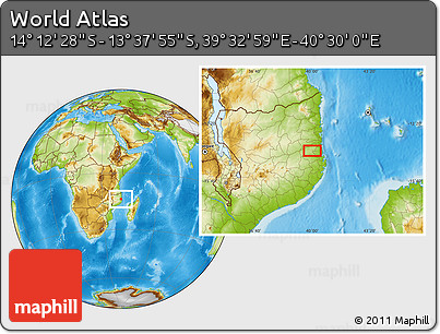 Physical Location Map of the Area around 13° 55' 11" S, 40° 1' 29" E
