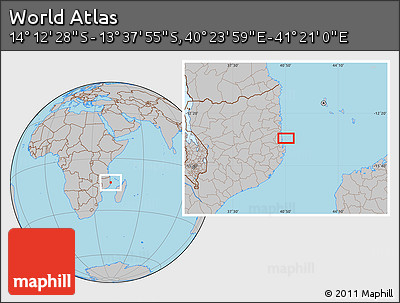 Gray Location Map of the Area around 13° 55' 11" S, 40° 52' 30" E