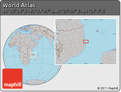 Gray Location Map of the Area around 13° 55' 11" S, 40° 52' 30" E