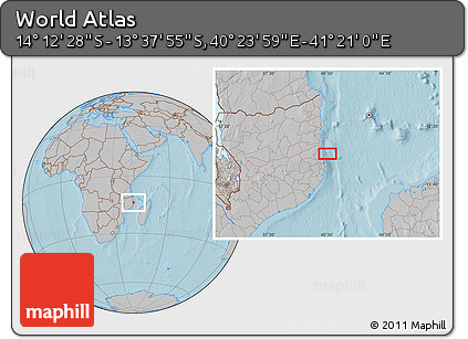 Gray Location Map of the Area around 13° 55' 11" S, 40° 52' 30" E, hill shading