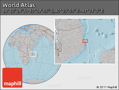 Gray Location Map of the Area around 13° 55' 11" S, 40° 52' 30" E, hill shading