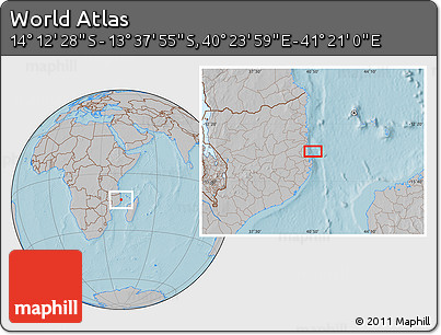 Gray Location Map of the Area around 13° 55' 11" S, 40° 52' 30" E, hill shading
