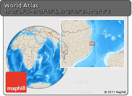 Shaded Relief Location Map of the Area around 13° 55' 11" S, 40° 52' 30" E