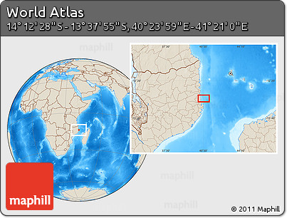 Shaded Relief Location Map of the Area around 13° 55' 11" S, 40° 52' 30" E