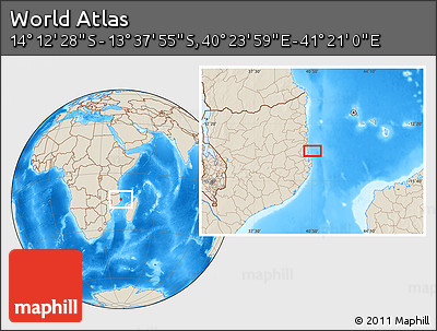 Shaded Relief Location Map of the Area around 13° 55' 11" S, 40° 52' 30" E