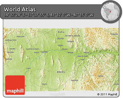 Physical 3D Map of the Area around 13° 55' 11" S, 40° 43' 30" W