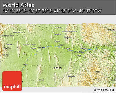 Physical 3D Map of the Area around 13° 55' 11" S, 40° 43' 30" W