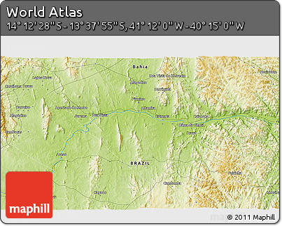 Physical 3D Map of the Area around 13° 55' 11" S, 40° 43' 30" W