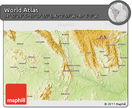 Physical 3D Map of the Area around 13° 55' 11" S, 41° 34' 30" W