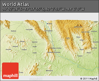 Physical 3D Map of the Area around 13° 55' 11" S, 41° 34' 30" W