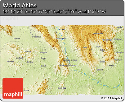 Physical 3D Map of the Area around 13° 55' 11" S, 41° 34' 30" W