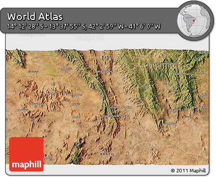 Satellite 3D Map of the Area around 13° 55' 11" S, 41° 34' 30" W